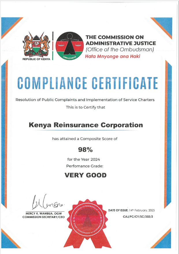 KENYA RE ATTAINS 98% SCORE ON COMPLAINTS MANAGEMENT