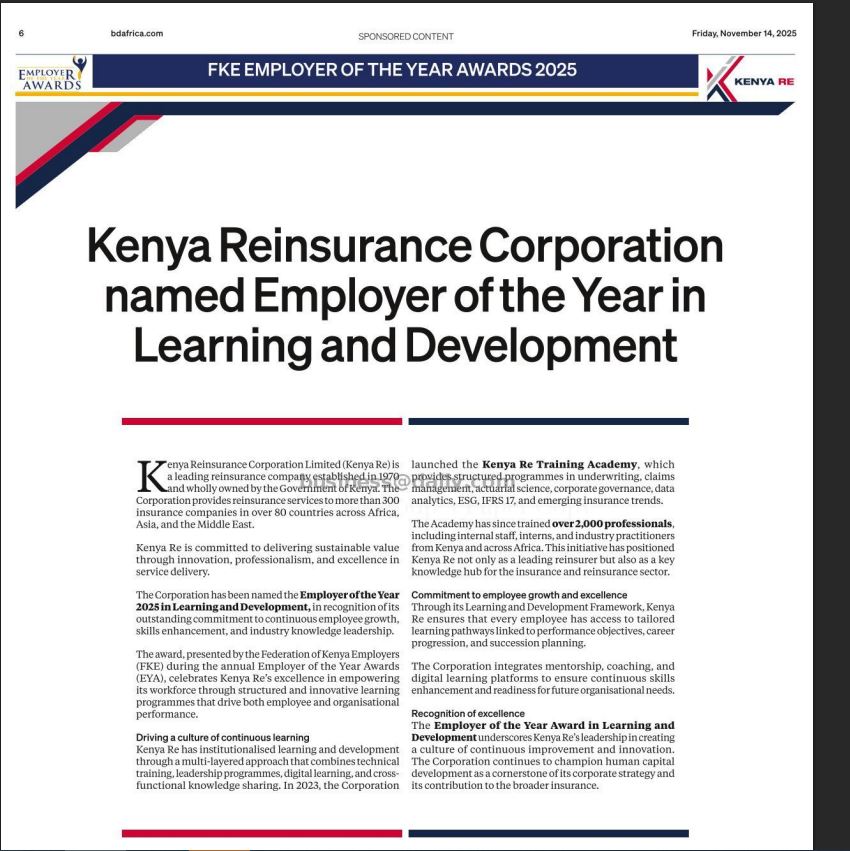 KENYA RE NAMED EMPLOYER OF THE YEAR IN LEARNING AND DEVELOPMENT